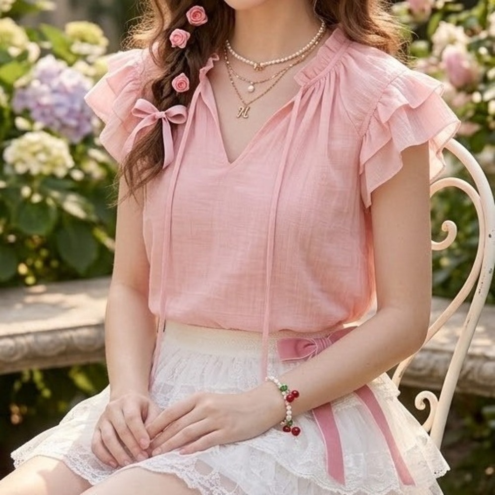 Pink Ruffle Flutter Sleeve V-Neck Tie Blouse‎ Textured Pleated Top Small - Picture 7 of 7